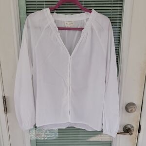 Cloth & Stone V Neck Button-Down White Long Sleeve Blouse Sz M 💯 Tencel